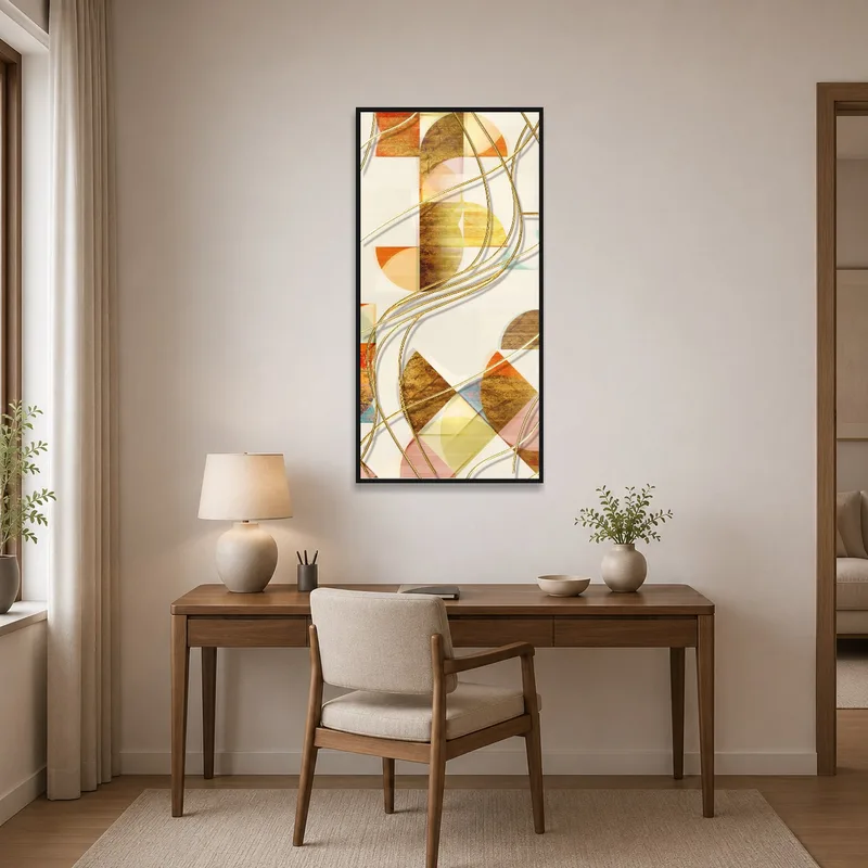 Geometric swirl artwork enhances a focused home office space.