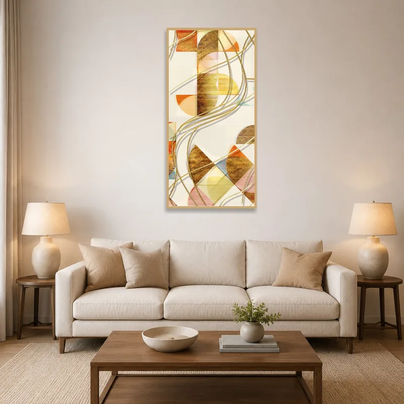 Abstract geometric swirl design above a modern living room sofa.