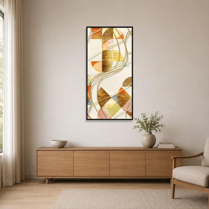 Minimalist setting with an abstract geometric swirl design on a bare wall.