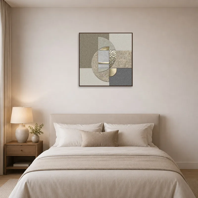Abstract geometric art with metallic hints adds sophistication to a bedroom wall.