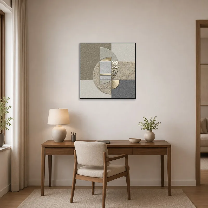 A striking abstract geometric piece with metallic details complements the home office ambiance.