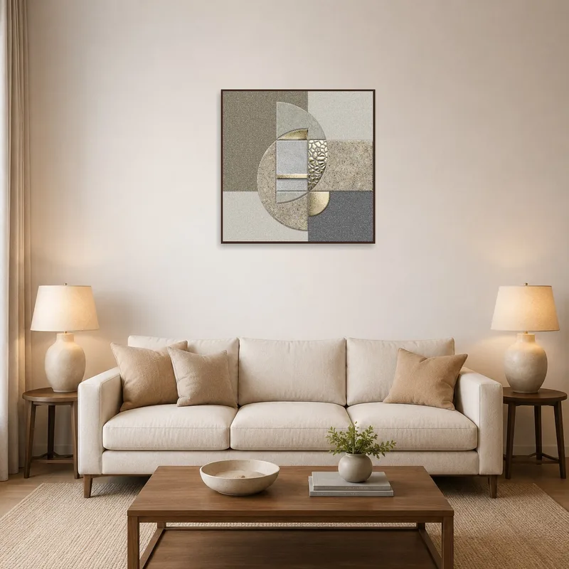 Colorful abstract geometric art with metallic accents on a living room wall, enhancing the modern decor.