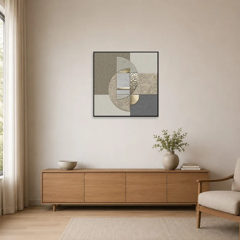 Abstract geometric artwork with metallic touches adds a sleek touch to a minimalist room setting.