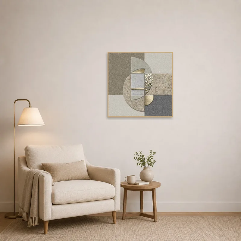 An abstract geometric design with metallic elements brings a stylish touch to a cozy reading corner.