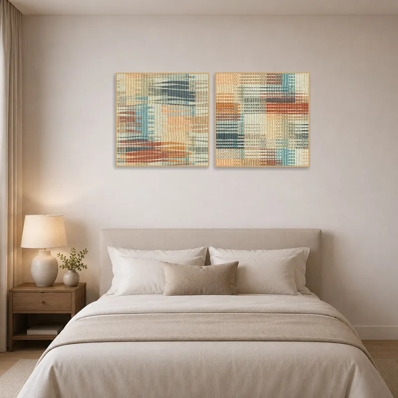 Geometric art set hung above a bed, adding interest to the bedroom decor.