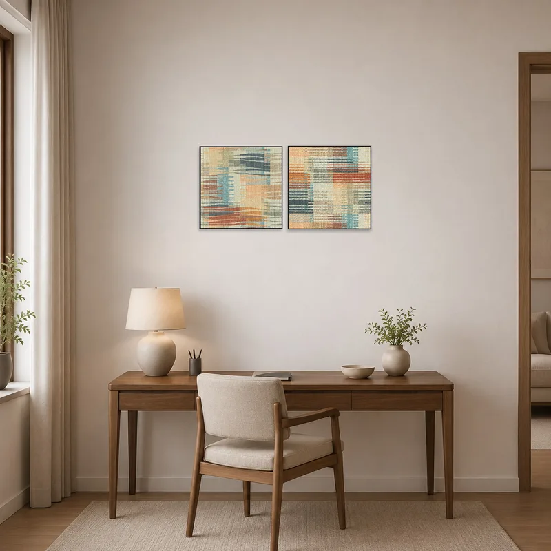 Textured abstract art on the wall in a home office creating a stylish backdrop.