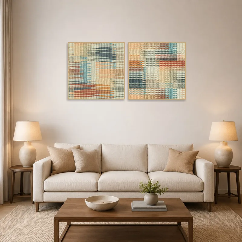 Abstract art set on a living room wall above a modern sofa.