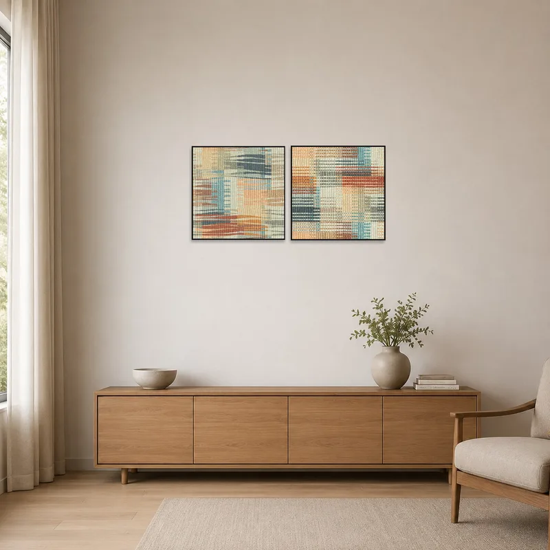 Textured geometric art on the wall in a minimalist space with simple furnishings.