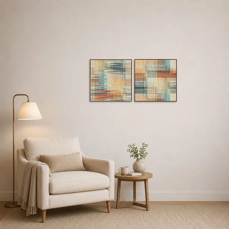 Abstract textured art displayed in a cozy reading corner.
