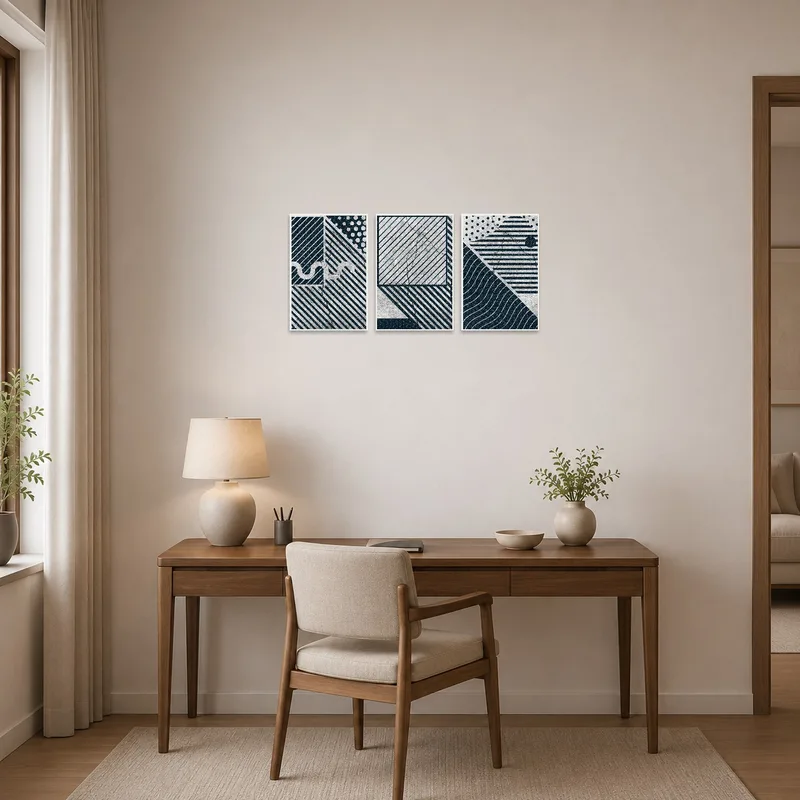 Geometric art set adds visual interest to a work area.