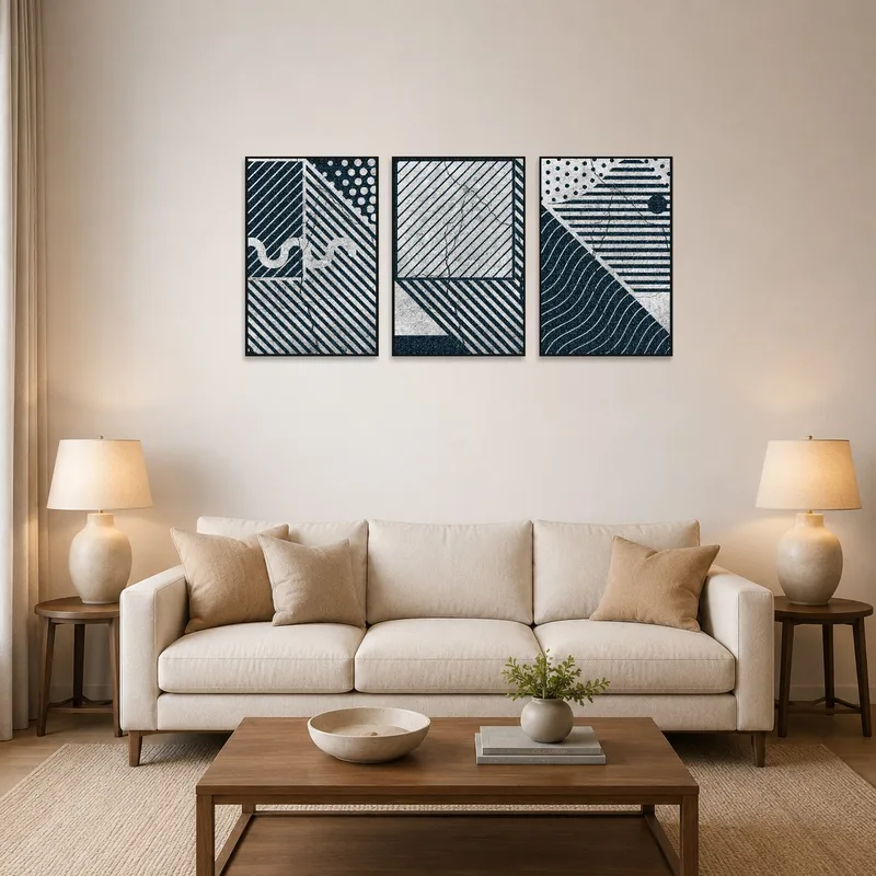 Three abstract geometric pieces hanging above a modern sofa.