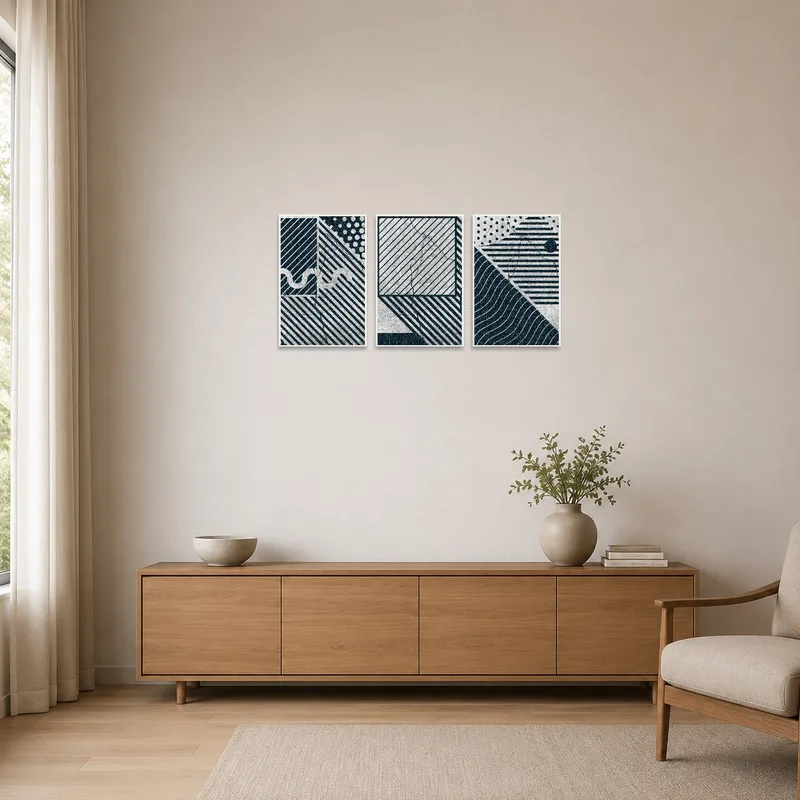 Triptych art set with geometric patterns on a plain wall.