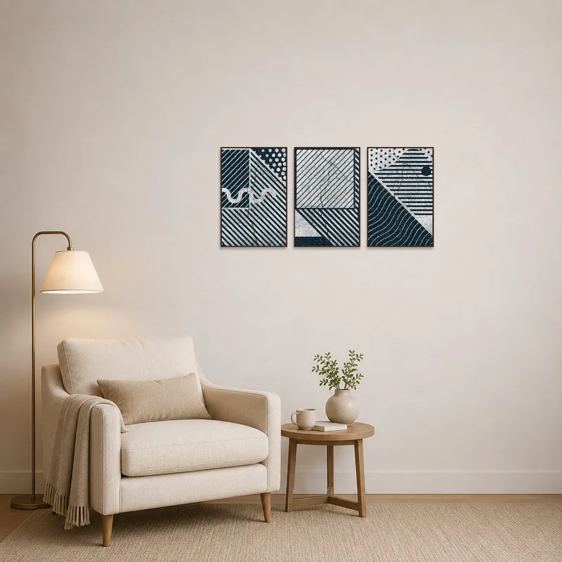 Textured triptych adds color to a cozy reading nook.