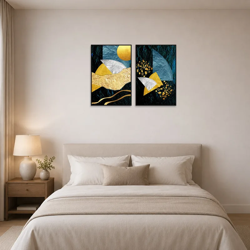 Colorful geometric textures duo creates a striking focal point above the bed in the bedroom.