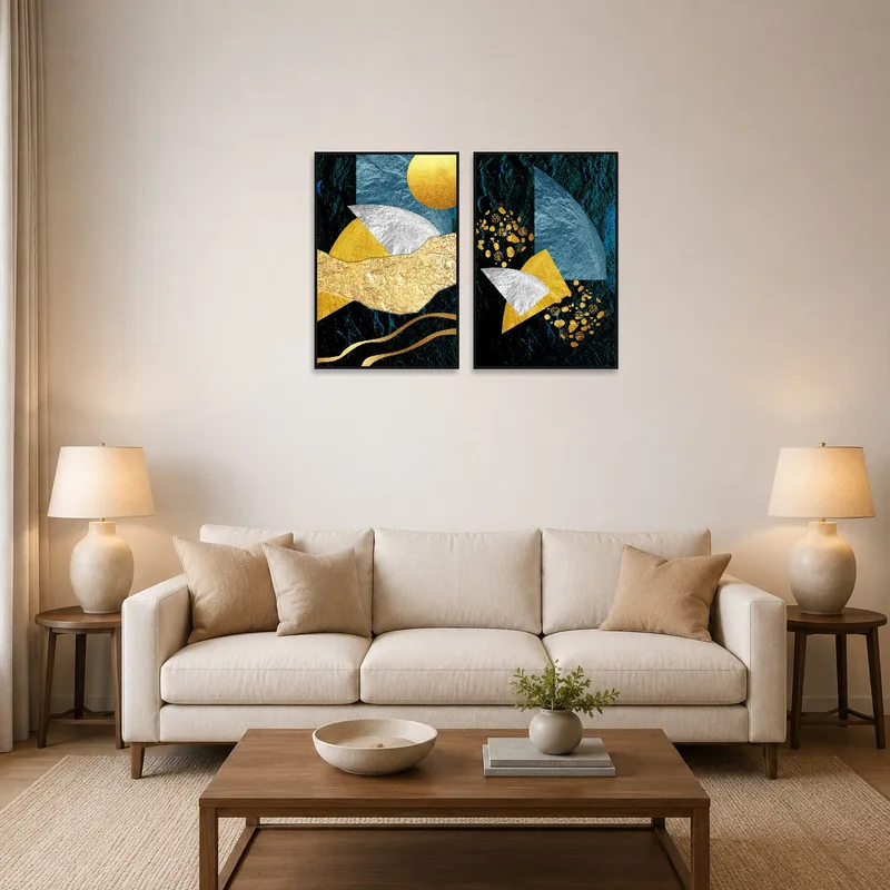 Abstract geometric textures duo in rich hues adorn the living room wall above a modern sofa.
