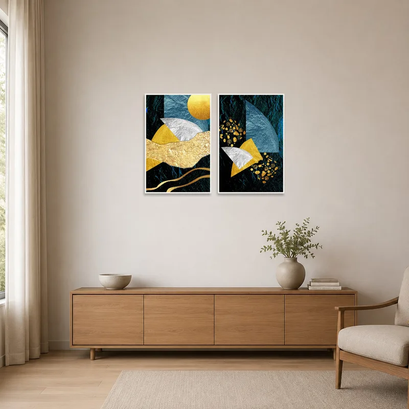 Rich-hued geometric duo adds color and texture to a minimalist room with sleek, simple furnishings.