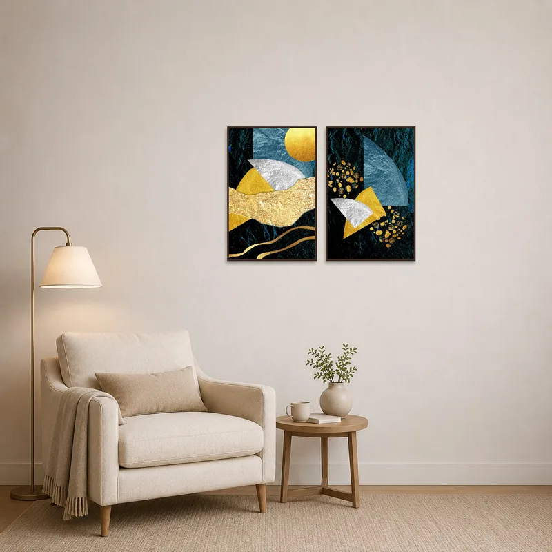 Abstract geometric duo in rich hues energizes the reading corner next to a cozy armchair and lamp.