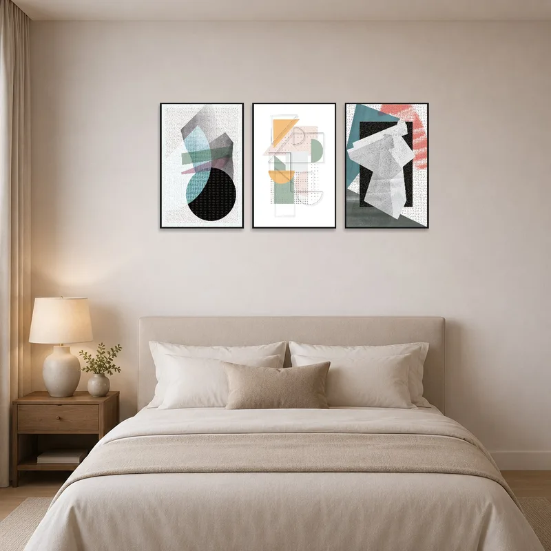 Abstract geometric triptych art set brings focus to a serene bedroom setting.
