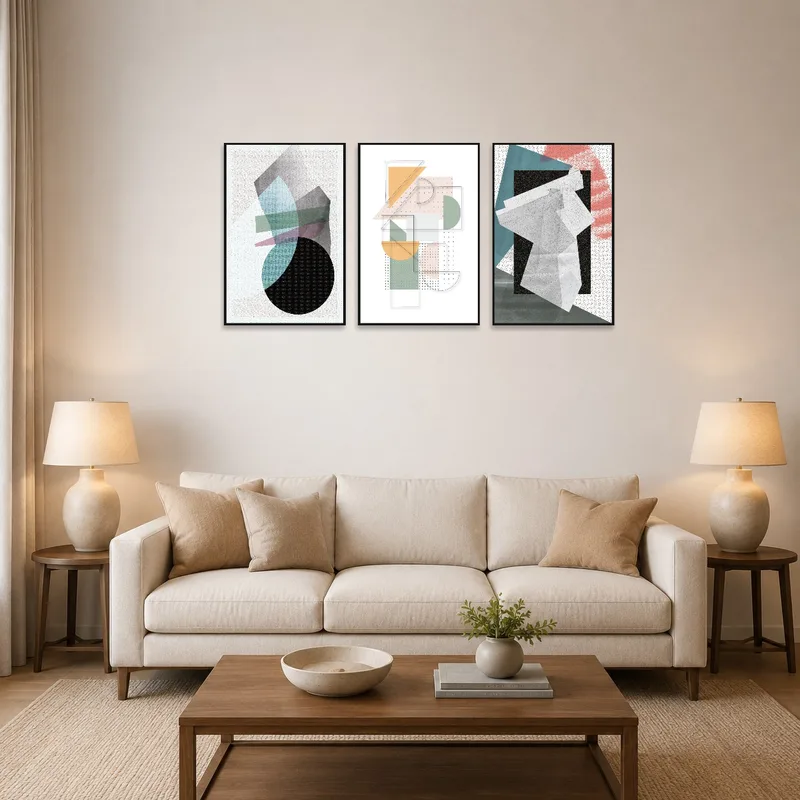 Abstract geometric triptych art set on a living room wall above a modern sofa.