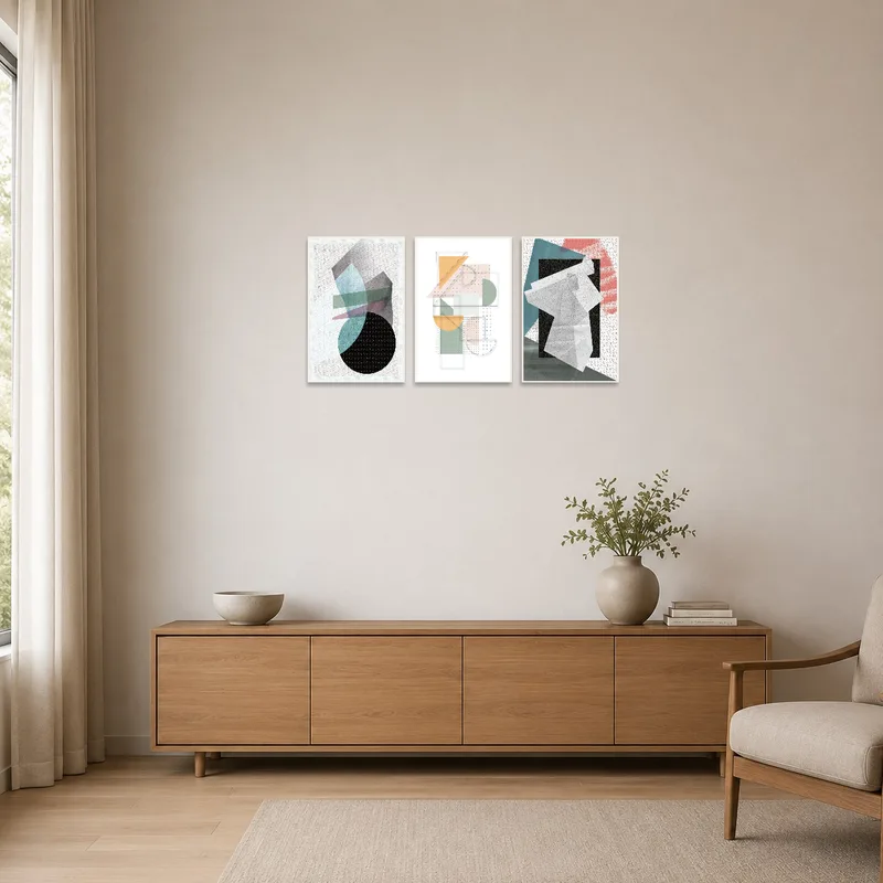 Minimalist room featuring geometric triptych art set against a neutral wall.