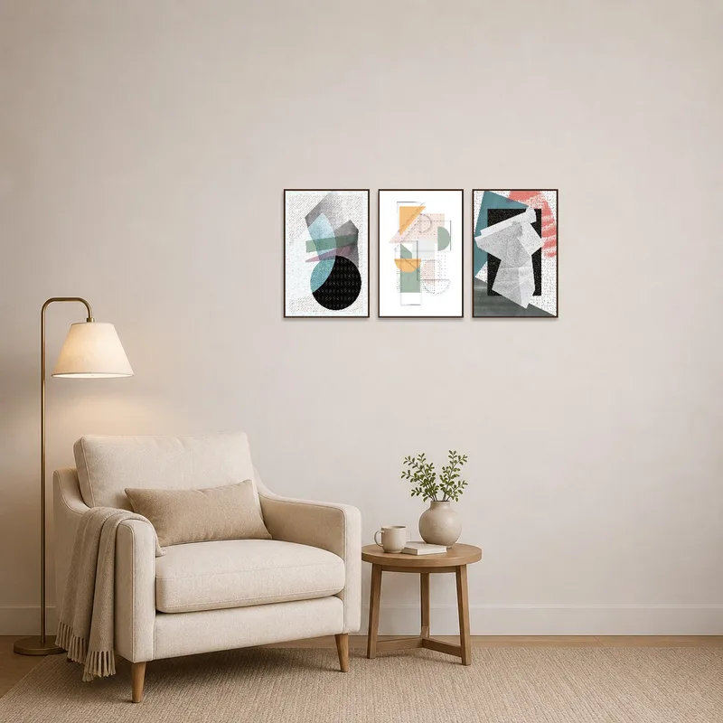 Geometric triptych art adds color to a cozy reading corner with a comfy chair.