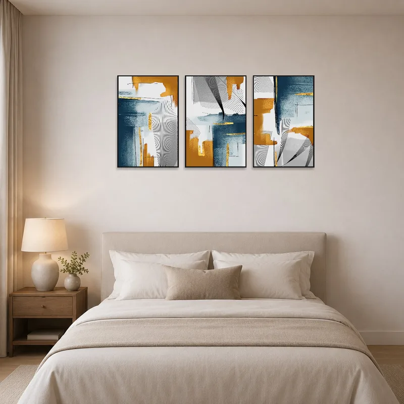 Bedroom enhanced by a blue and gold abstract geometric triptych above the bed.