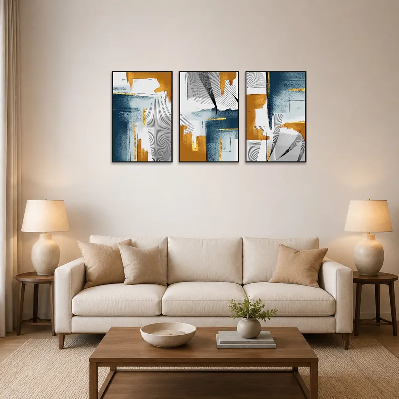 A living room with a blue and gold abstract geometric triptych on the wall.