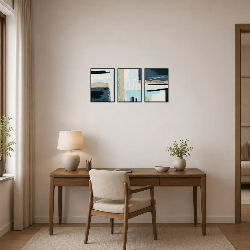 The home office features a motivating blue and gold geometric triptych.