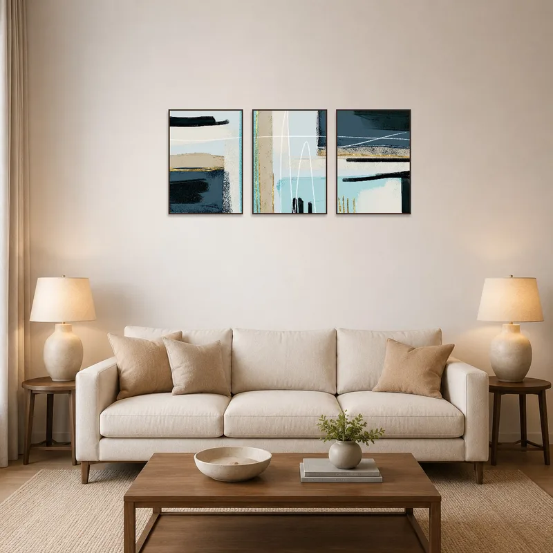 A vibrant blue and gold geometric triptych adorns the living room wall.