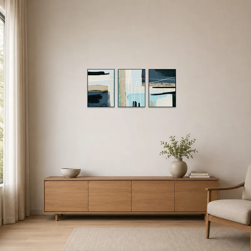 The minimalist room is enhanced by a blue and gold geometric art triptych.