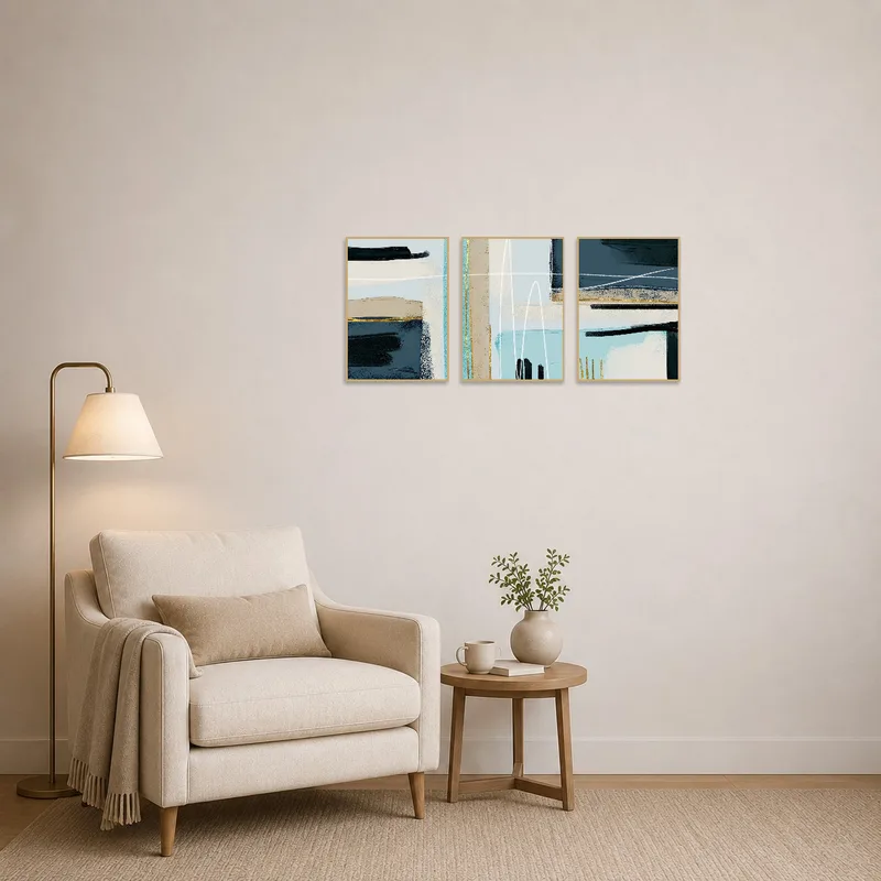 Blue and gold geometric art adds depth to the cozy reading corner.