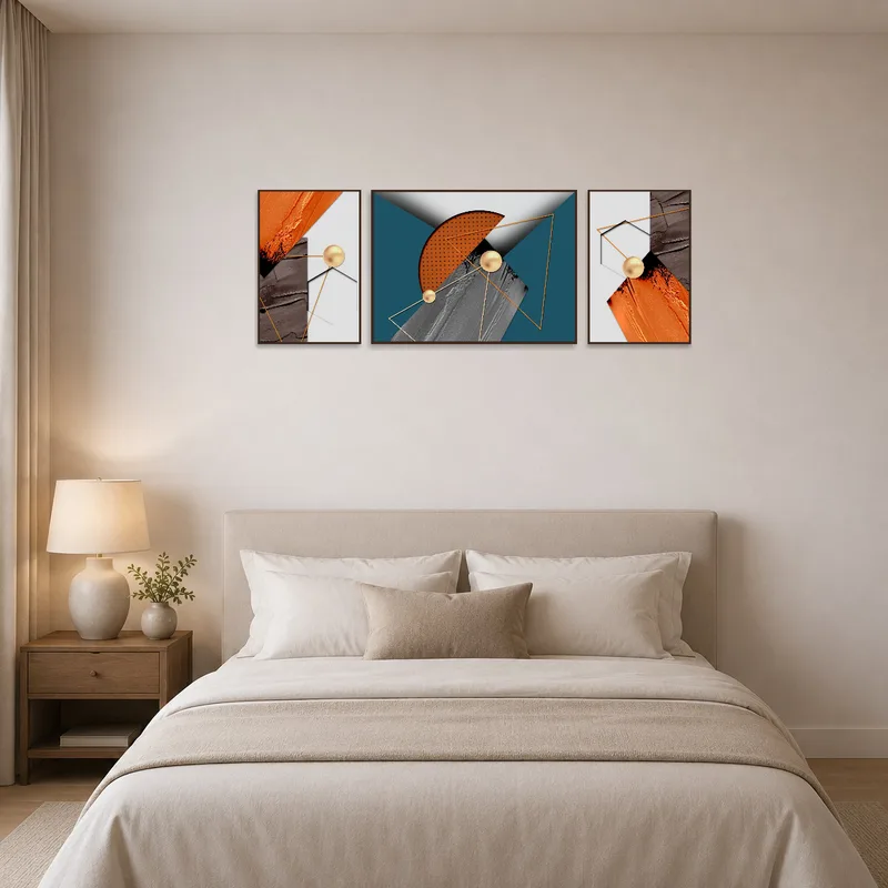 Abstract bold hues triptych brings an energetic touch to the bedroom above the bed.