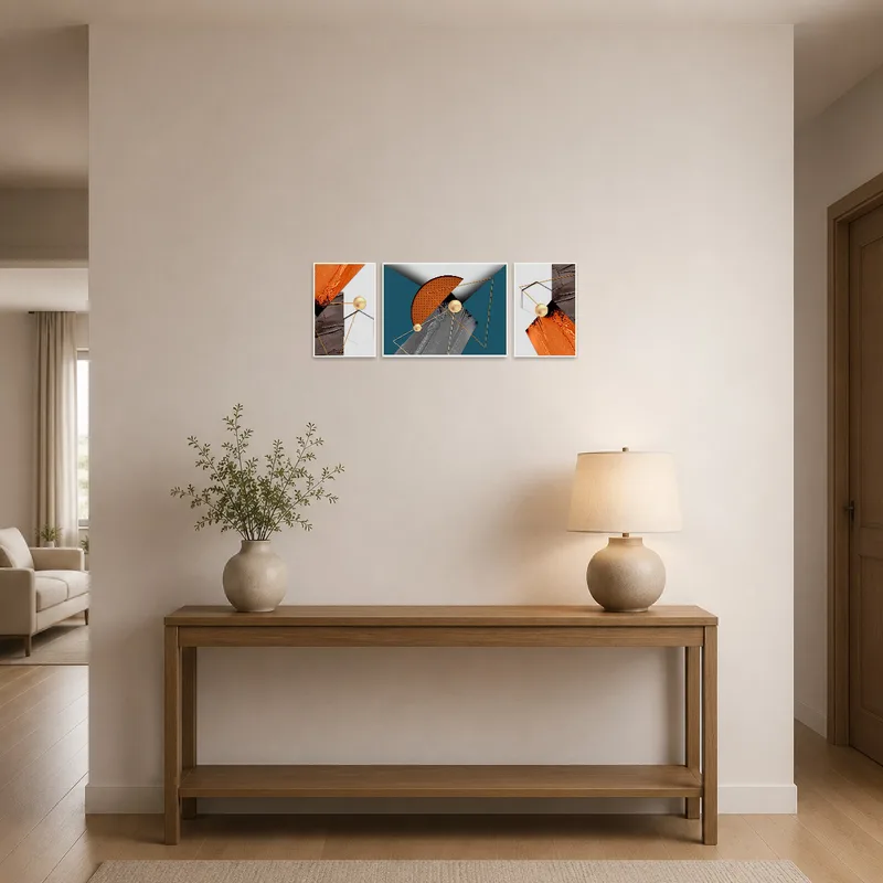 Triptych featuring bold geometric design greets visitors in the entrance hall.