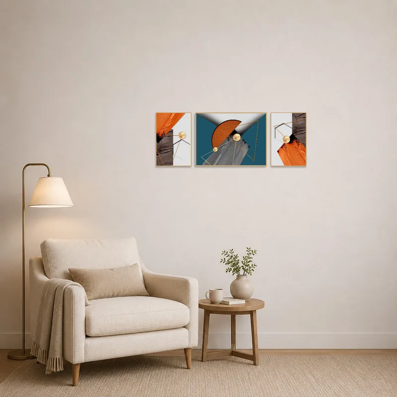 In a cozy reading corner, bold geometric triptych adds vibrancy to the space.