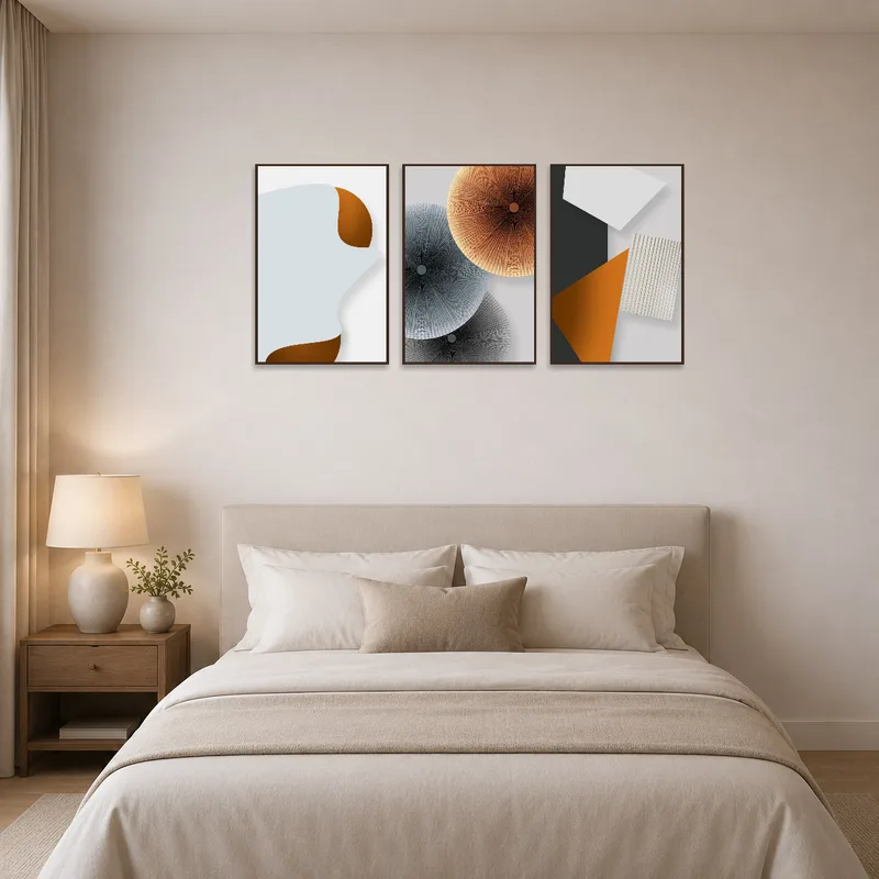 Earthy geometric triptych bringing tranquility to the bedroom decor.