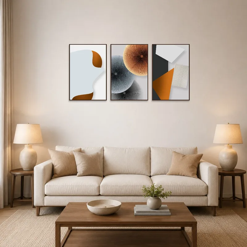 Abstract geometric triptych with earth tones hung above a modern sofa in the living room.