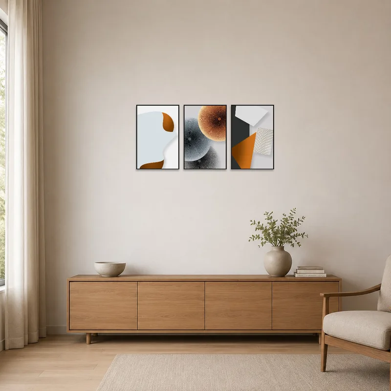 Earth-toned geometric triptych adding warmth to a minimalist wall.