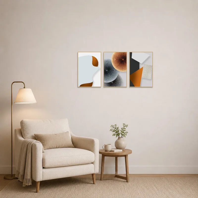 Abstract triptych in earth tones enhancing the reading corner ambiance.