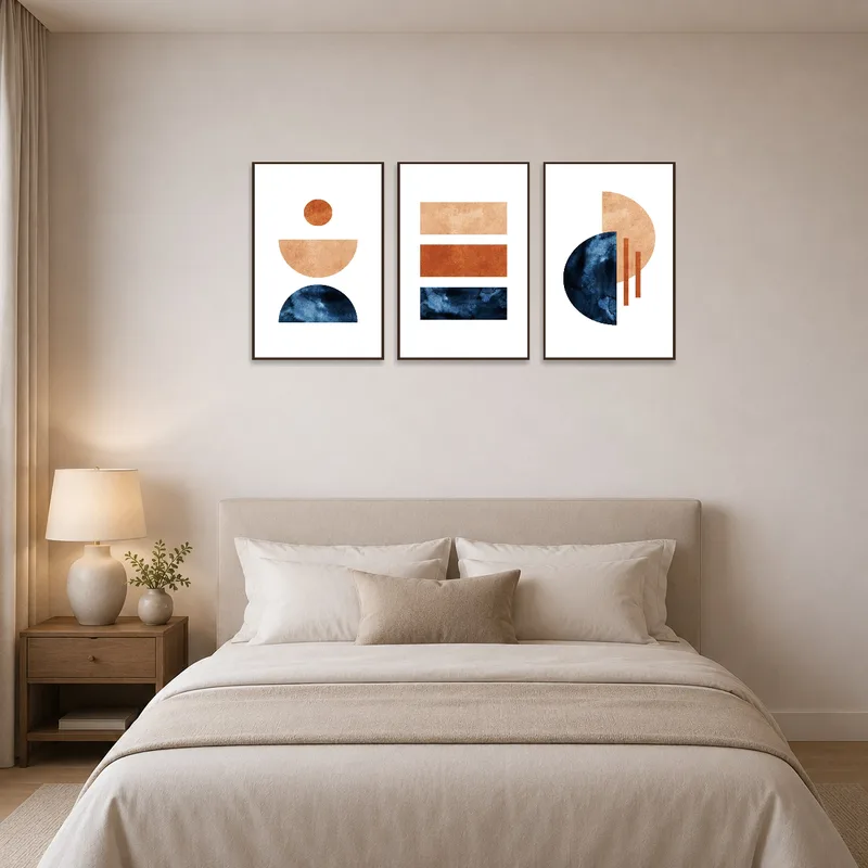 Geometric triptych providing a calming touch to the bedroom decor.