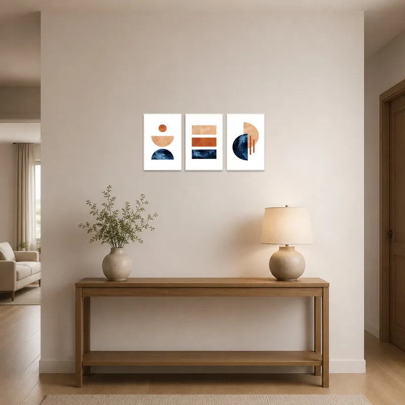Abstract geometric triptych adding warmth to the entrance hall.