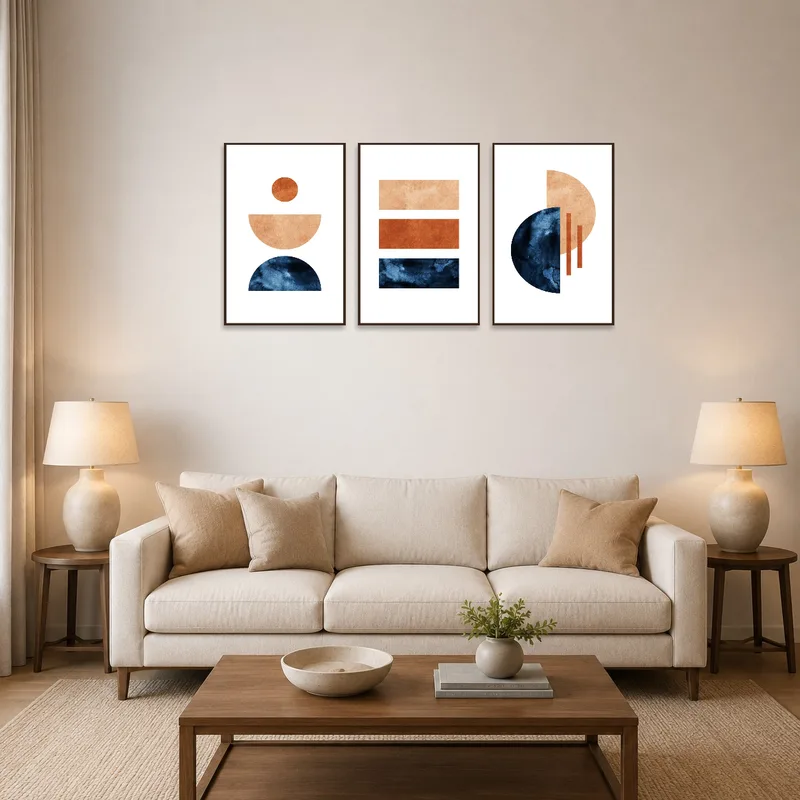 Earthy tone geometric triptych above a modern sofa in the living room.
