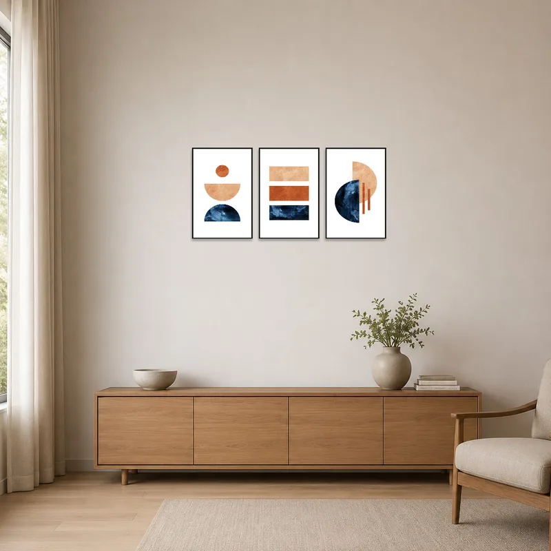 Minimalist setting with geometric triptych on a white wall.