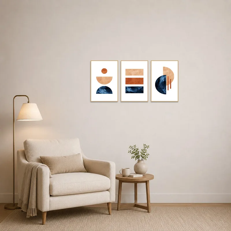 Triptych with earthy tones enhancing a cozy reading nook.