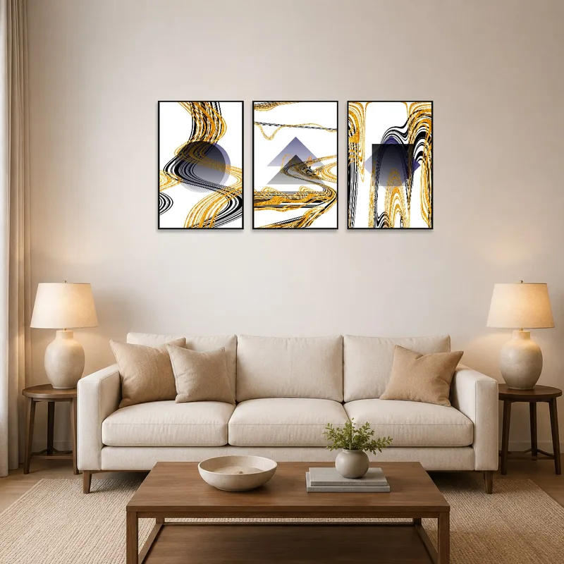 Abstract geometric triptych in gold and black on a living room wall, enhancing modern decor.