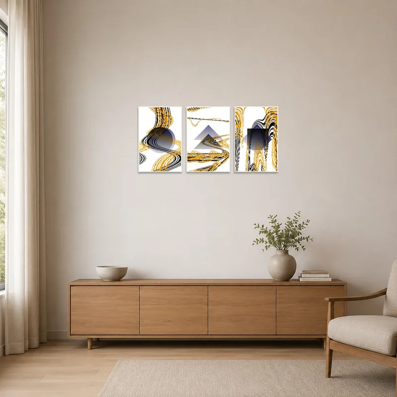 Geometric triptych in gold and black adding contrast to a minimalist room setting.