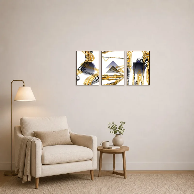 Gold and black abstract geometric artwork enriches a cozy reading corner decor.