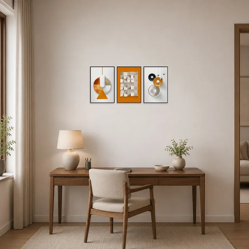 Earthy-toned geometric artwork inspires a productive home office.