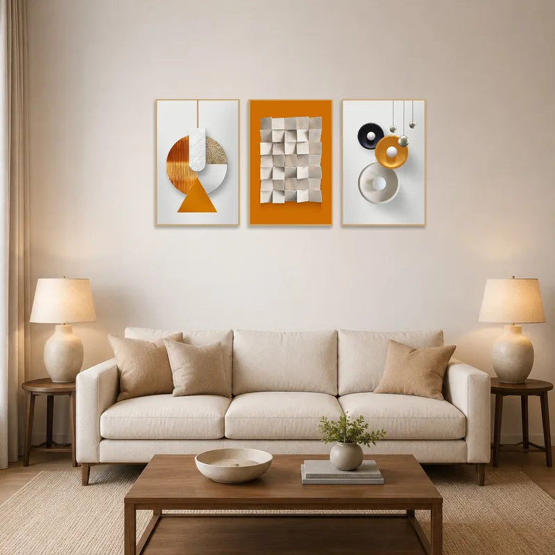 Geometric triptych with earthy tones above a modern sofa in the living room.