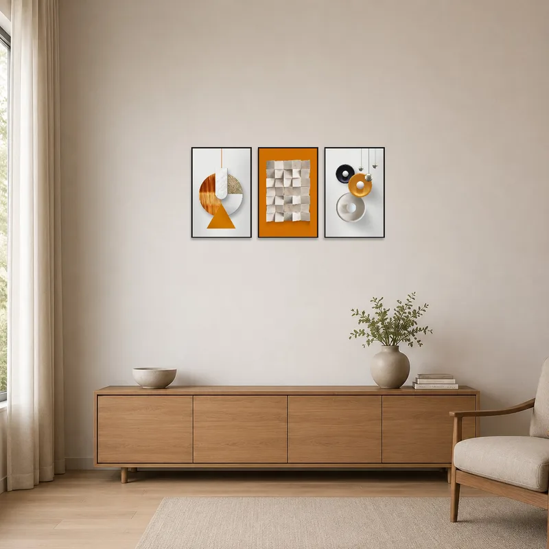 Abstract geometric art adds warmth to a minimalist space with clean lines.