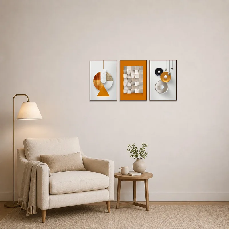 Reading corner with abstract geometric art enhancing cozy ambiance.